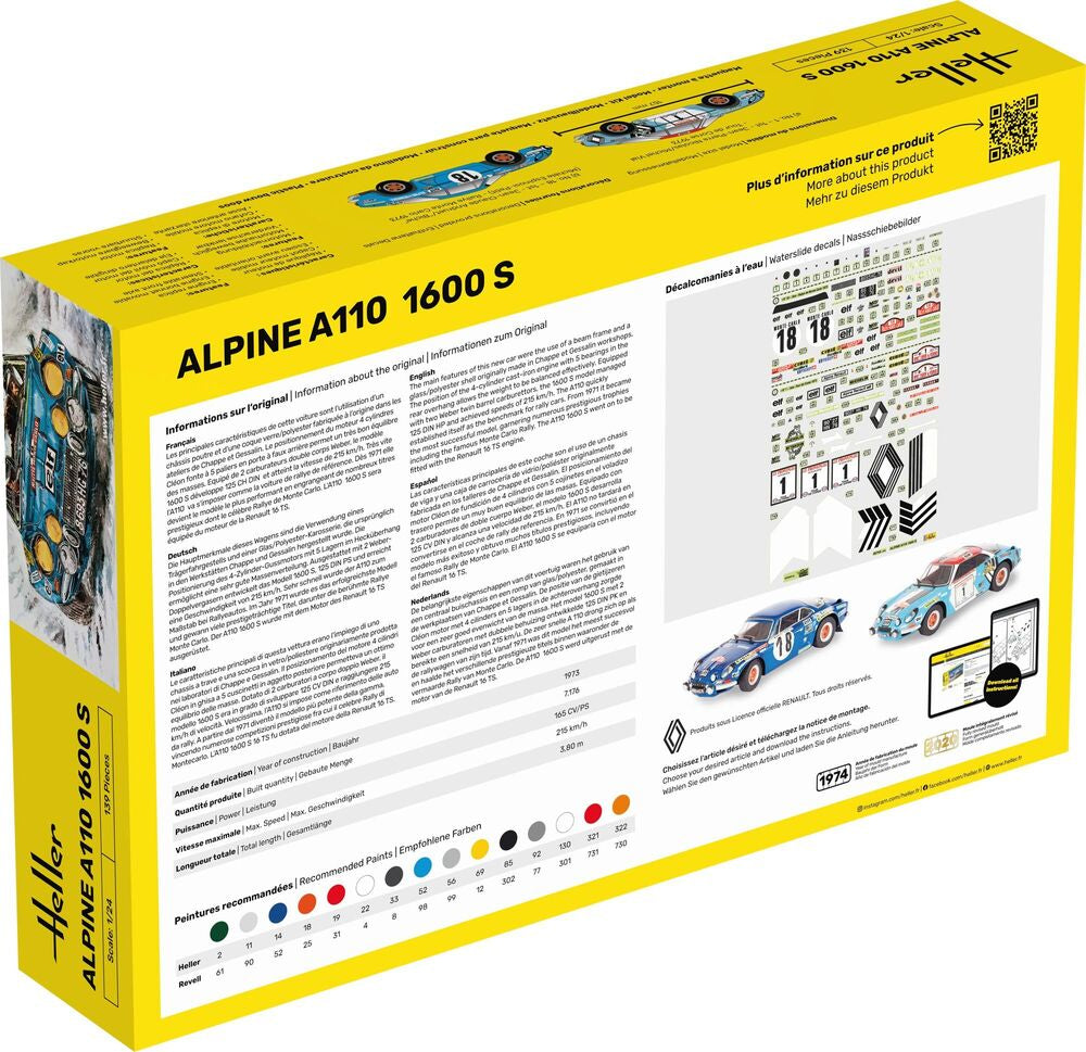 Heller Starter Kit Alpine A110 1600S 1/24 Maquette Rallye