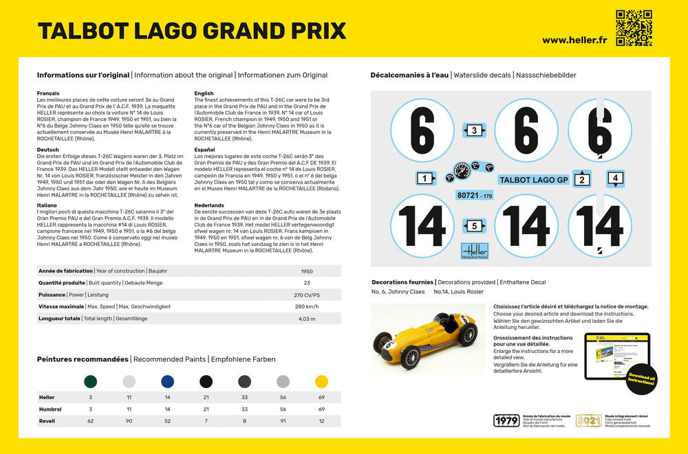 Heller Historical Collection Talbot Lago Grand Prix 1/24 maquette voiture course