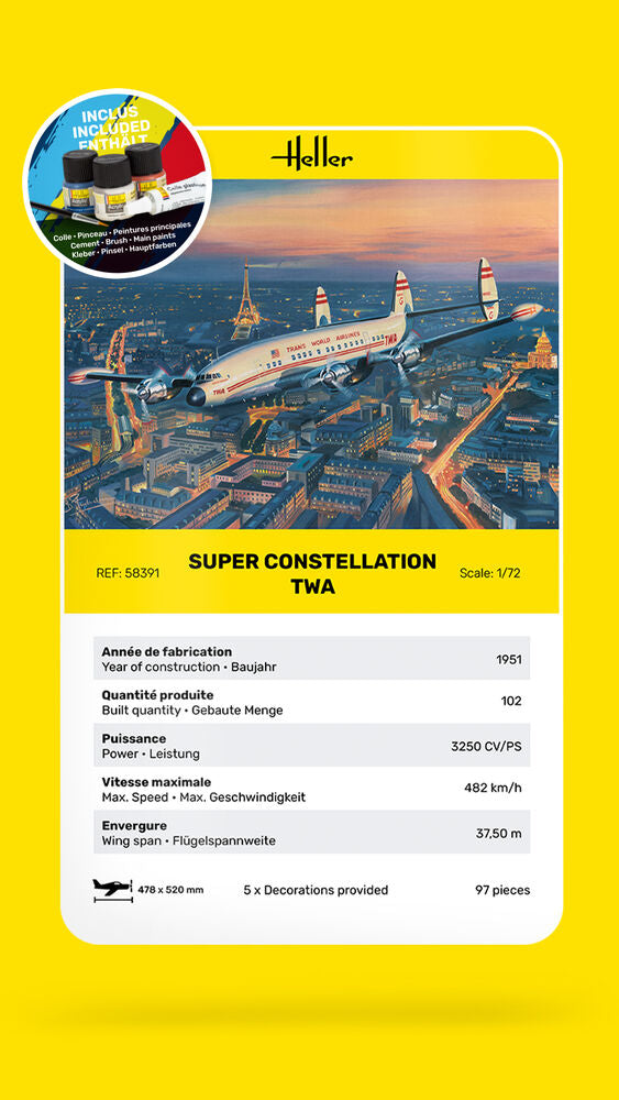 Heller Starter Kit Super Constellation TWA maquette avion 1/72 complète
