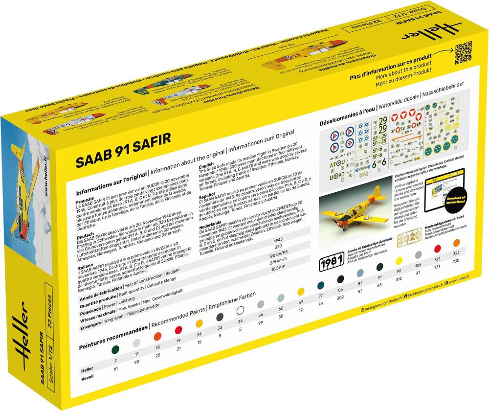 Heller The 9.99 Saab Safir 91 maquette avion 1/72 hélice