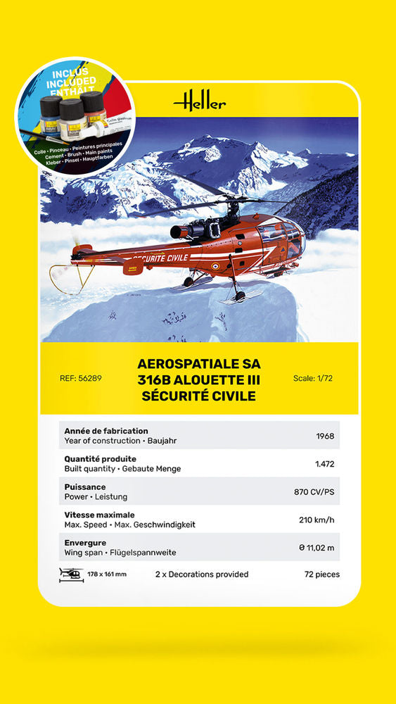 Heller Starter Kit Alouette III maquette 1/72 Sécurité Civile