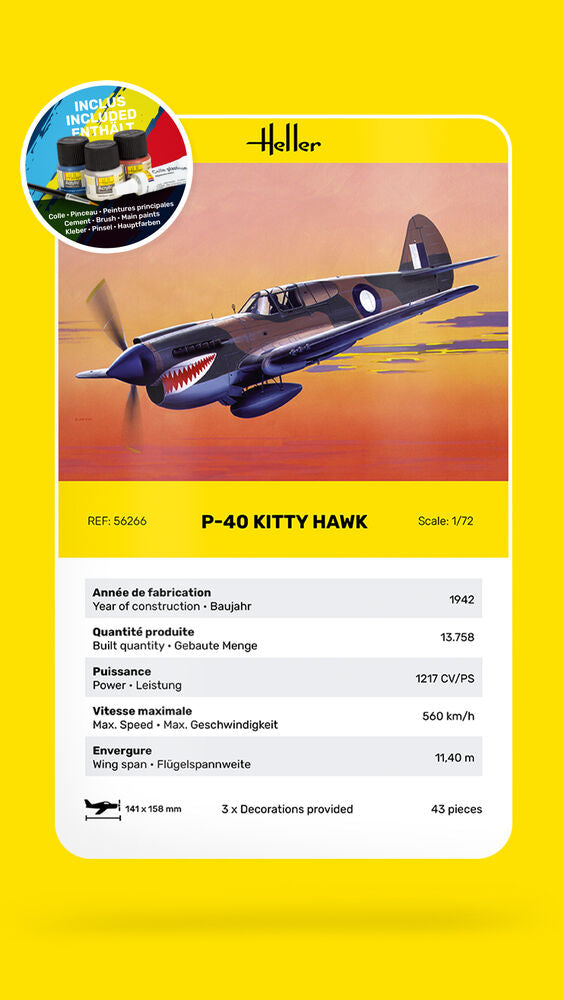 Heller Starter Kit P-40 Kitty Hawk 1/72 maquette avion militaire