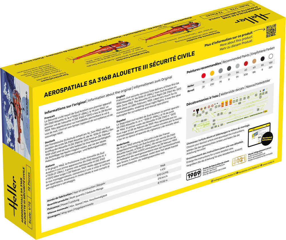Heller Starter Kit Alouette III maquette 1/72 Sécurité Civile