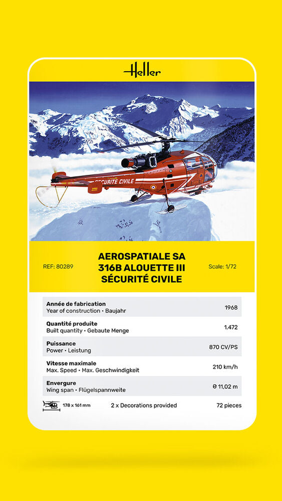 Heller The 9.99 Alouette III maquette hélicoptère 1/72 Sécurité Civile