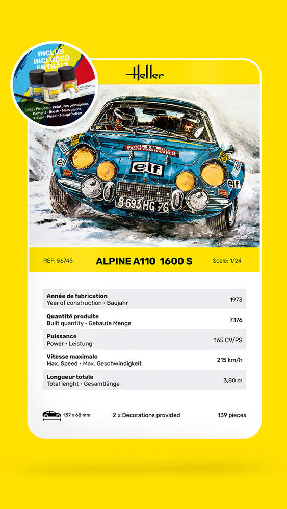 Heller Starter Kit Alpine A110 1600S 1/24 Maquette Rallye
