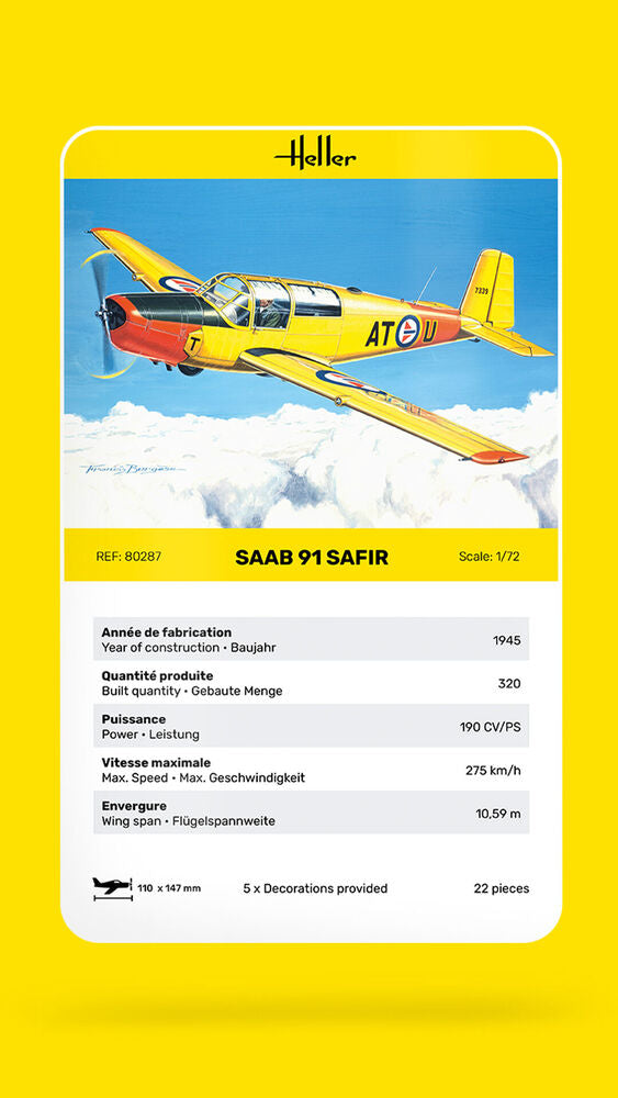 Heller The 9.99 Saab Safir 91 maquette avion 1/72 hélice