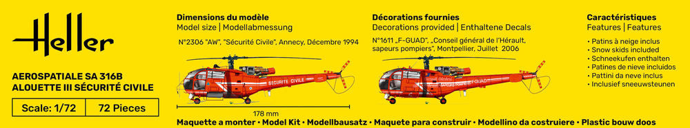 Heller Starter Kit Alouette III maquette 1/72 Sécurité Civile