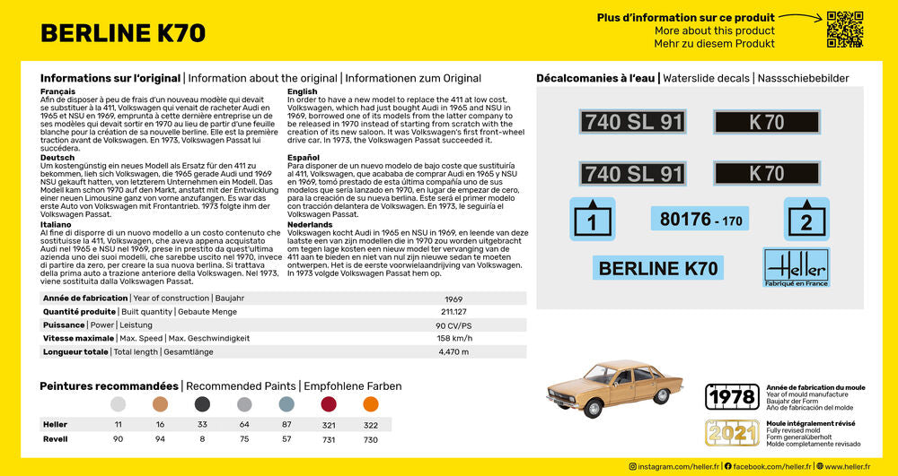 Heller The 9.99 K70 maquette voiture 1/43 plastique